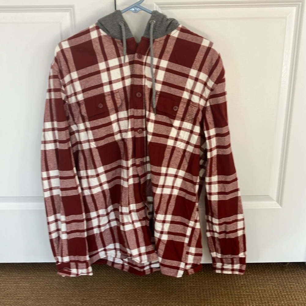 Aeropostale Plaid Hooded Shirt Jacket - Red and white w gray hood. Size L